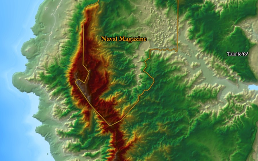 Detail of a relief map of Guam with hypsometric tinting and hillshaded mountain terrain